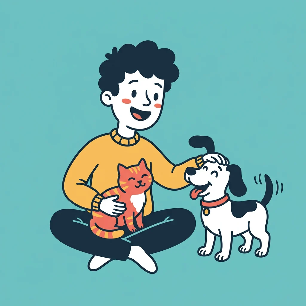 Ilustración de un joven sentado en el piso con su gato en las piernas y su perro al lado