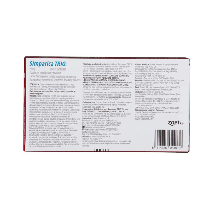 Simparica Trio Antipulgas para Perros de 40 a 60 kg 2 Empaque Simparica Trio Antipulgas para Perros de 40 a 60 kg de 60 kg