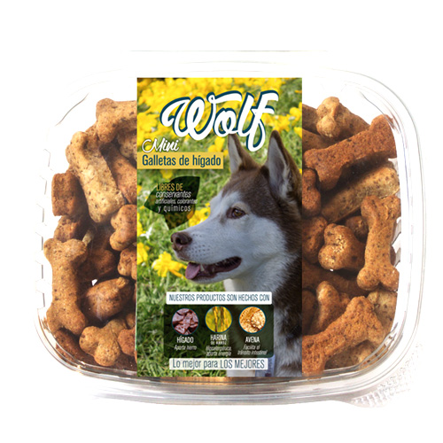 Wolf Caja de Mini Galletas de Hígado Raza Mediana 3 Empaque Wolf Caja de Mini Galletas de Hígado Raza Mediana de 500 g