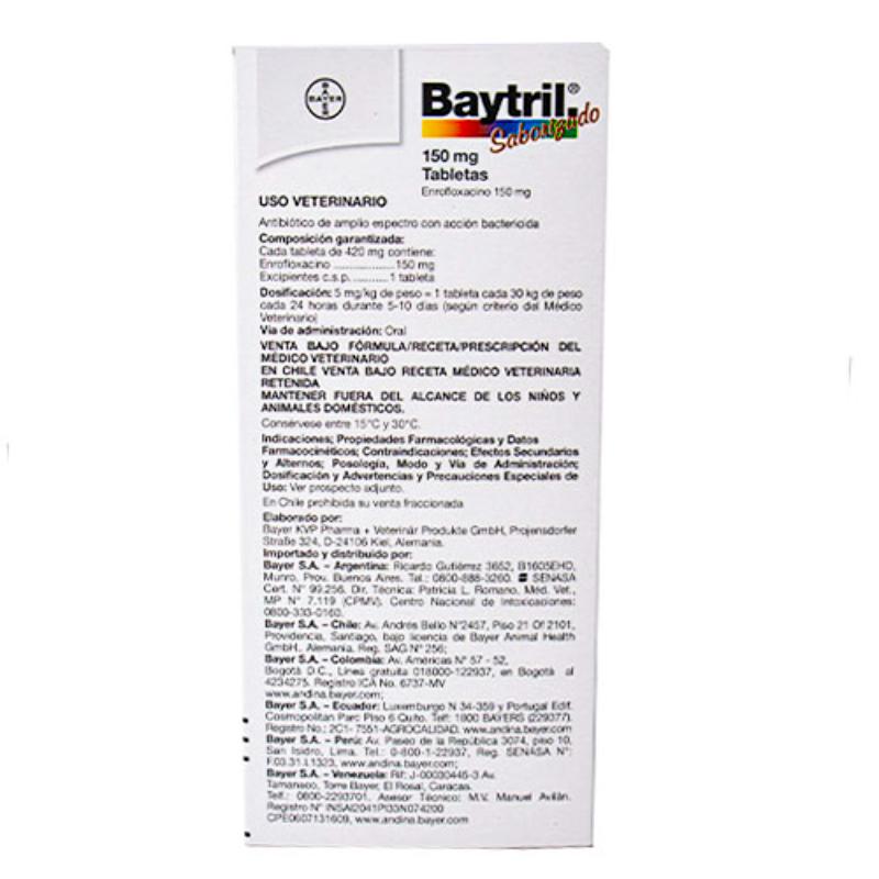 Baytril 150 mg Enrofloxacina Antibiótico (Caja x 10 Tabletas) 2 Empaque Baytril 150 mg Enrofloxacina Antibiótico (Caja x 10 Tabletas) de 10 medicamentos