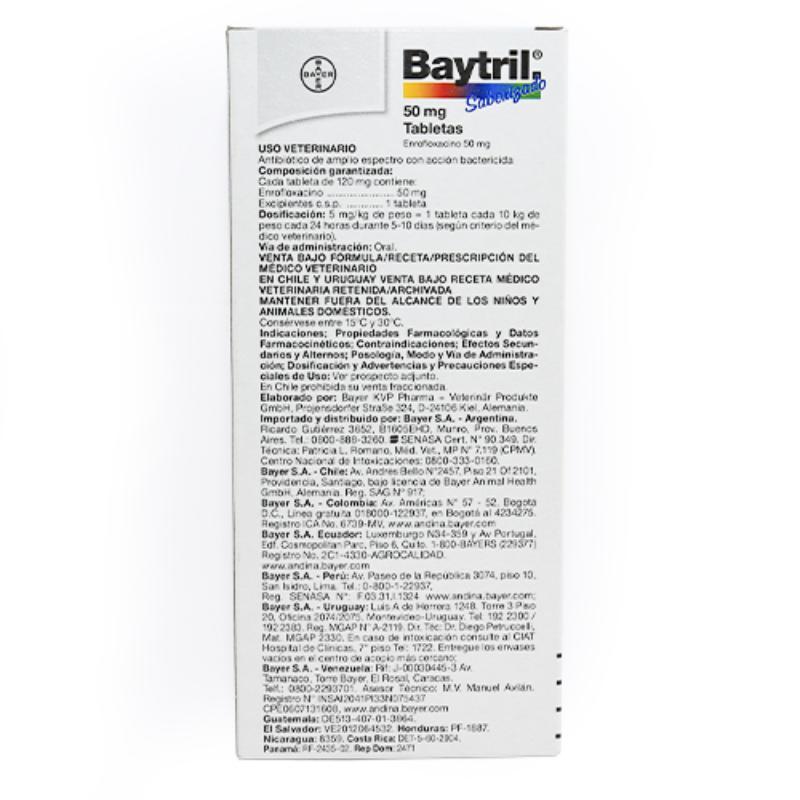 Baytril 50 mg Enrofloxacina Antibiótico (Caja x 10 Tabletas) 2 Empaque Baytril 50 mg Enrofloxacina Antibiótico (Caja x 10 Tabletas) de 10 medicamentos