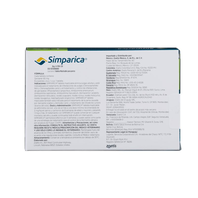 Simparica Antipulgas para Perros de 20.1 a 40 kg 2 Empaque Simparica Antipulgas para Perros de 20.1 a 40 kg de 1 tableta