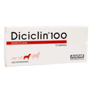 Diciclin 100 mg Doxiciclina Antibacteriano (Caja x 10 Tabletas) para perros