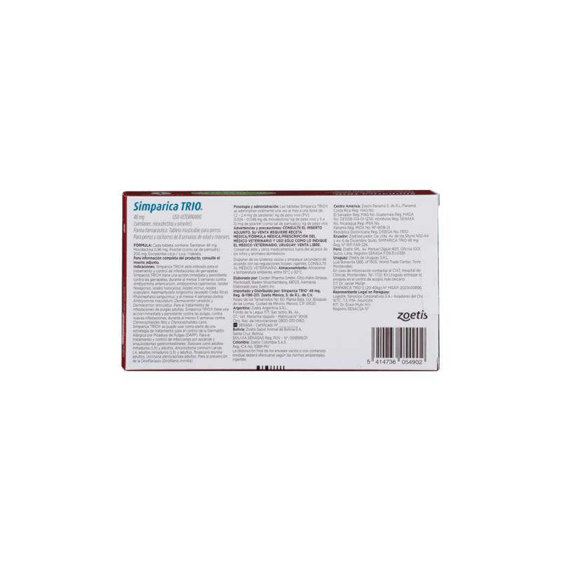 Simparica Trio Antipulgas para Perros de 20 a 40 kg 2 Empaque Simparica Trio Antipulgas para Perros de 20 a 40 kg de 40 kg