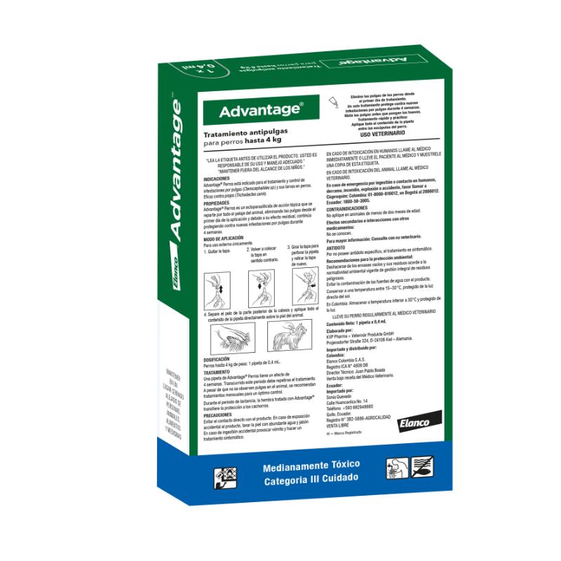 Advantage Antipulgas para Perros de hasta 4 kg (Pipeta 0.4 ml) 2 Empaque Advantage Antipulgas para Perros de hasta 4 kg (Pipeta 0.4 ml) de 0.4 mililitro