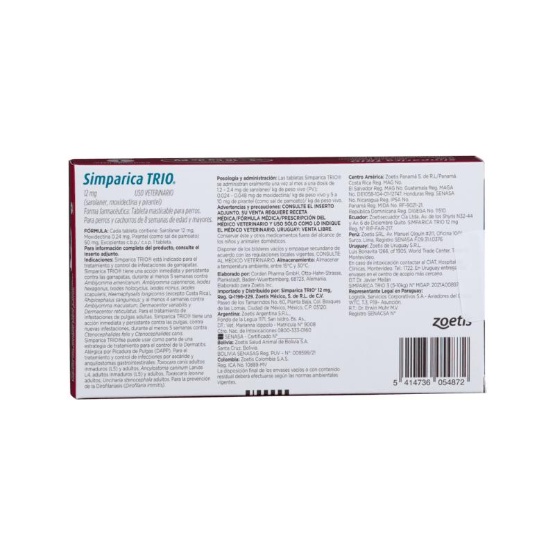 Simparica Trio Antipulgas para Perros de 5 a 10 kg 2 Empaque Simparica Trio Antipulgas para Perros de 5 a 10 kg de 10 kg