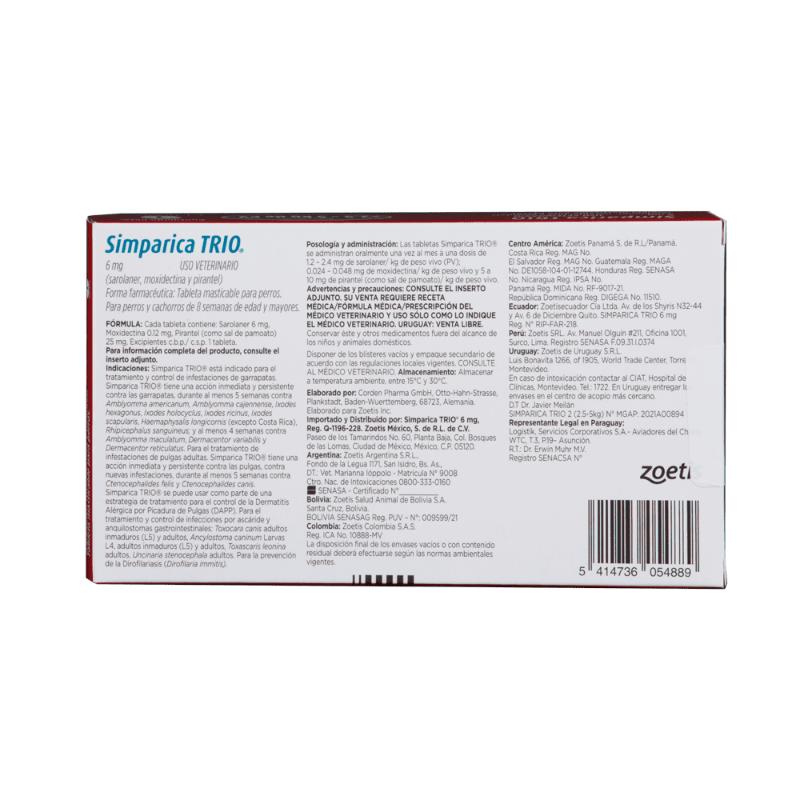 Simparica Trio Antipulgas para Perros de 2.5 a 5 kg 2 Empaque Simparica Trio Antipulgas para Perros de 2.5 a 5 kg de 5 kg