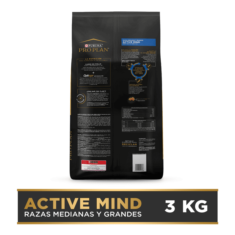 Purina Pro Plan Adulto Active Mind Razas Medianas y Grandes 2 Empaque Purina Pro Plan Adulto Active Mind Razas Medianas y Grandes de 3 kg