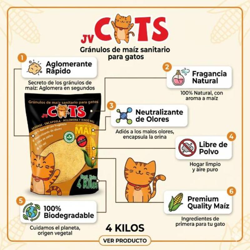 JV Cats Arena de Gránulos de Maíz para Gato 4 Empaque JV Cats Arena de Gránulos de Maíz para Gato de 4 kg