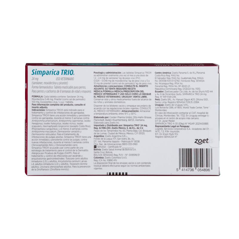 Simparica Trio Antipulgas para Perros de 10 a 20 kg 2 Empaque Simparica Trio Antipulgas para Perros de 10 a 20 kg de 20 kg