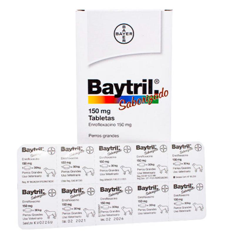 Baytril 150 mg Enrofloxacina Antibiótico (Caja x 10 Tabletas) 4 Empaque Baytril 150 mg Enrofloxacina Antibiótico (Caja x 10 Tabletas) de 10 medicamentos