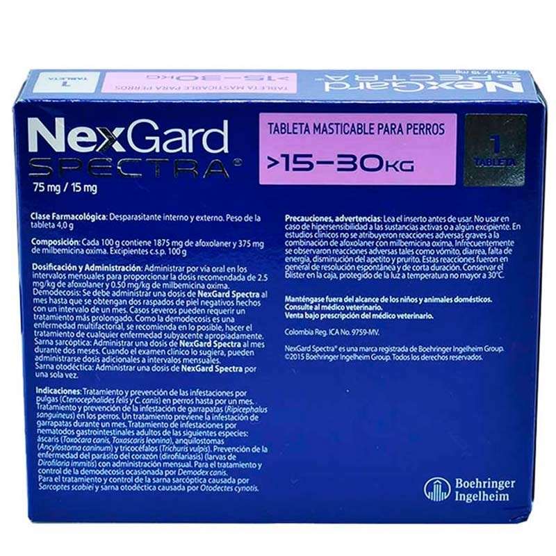 NexGard Spectra Antipulgas para Perros de 15.1 a 30 kg 2 Empaque NexGard Spectra Antipulgas para Perros de 15.1 a 30 kg de 15.1 - 30 kg