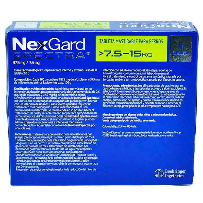 NexGard Spectra Antipulgas para Perros de 7.6 a 15 kg 2 Empaque NexGard Spectra Antipulgas para Perros de 7.6 a 15 kg de 7.6 - 15 kg