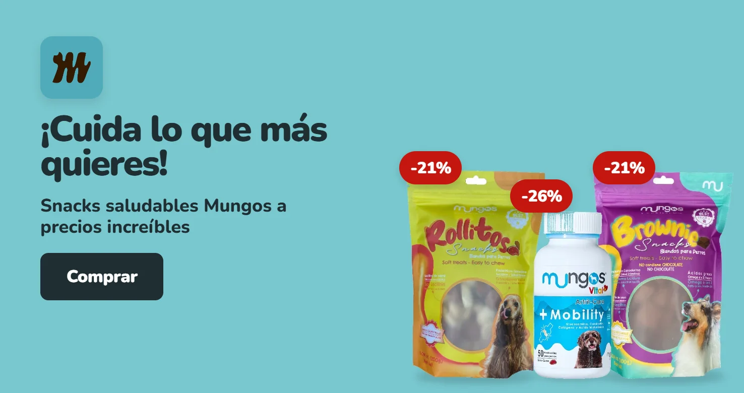 Snacks Rollitos y Brownie y suplemento Mobility de la marca Mungos con descuentos del 21% y 26%. Snacks saludables para perros en Parche Peludo