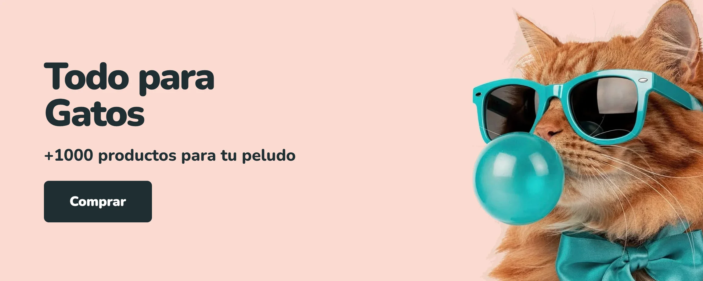 Gato naranja con gafas de sol turquesa inflando un globo de chicle sobre fondo rosado. Todo para gatos, más de 1000 productos en Parche Peludo