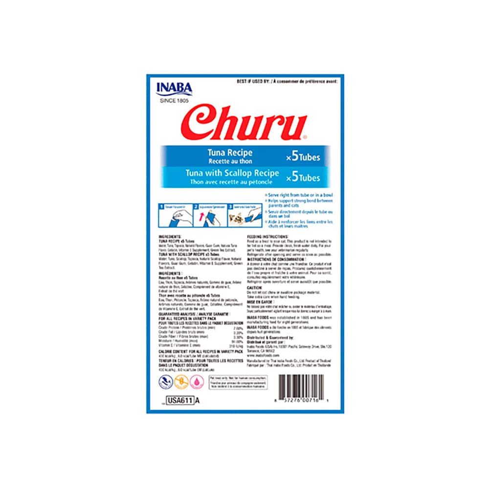 Inaba Churu Gato Variedad de Atún y Atún con Vieira (10 Tubos) 2 Inaba Churu Gato Variedad de Atún y Atún con Vieira (10 Tubos), vista lateral del empaque