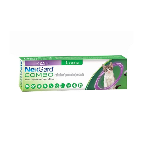 NexGard Combo Pipeta Antipulgas y Desparasitante para Gatos de 0.8 a 2.5 kg 2 NexGard Combo Pipeta Antipulgas y Desparasitante para Gatos de 0.8 a 2.5 kg, vista lateral del empaque