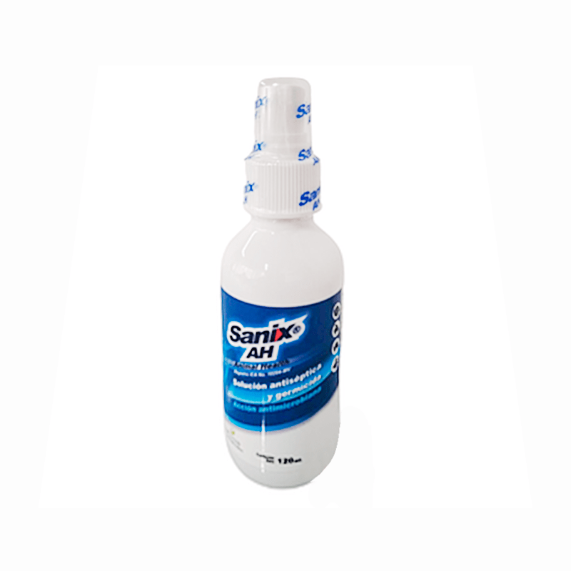 Sanix AH Solución Antiséptica en Spray (120 ml) 2 Sanix AH Solución Antiséptica en Spray (120 ml), vista lateral del empaque
