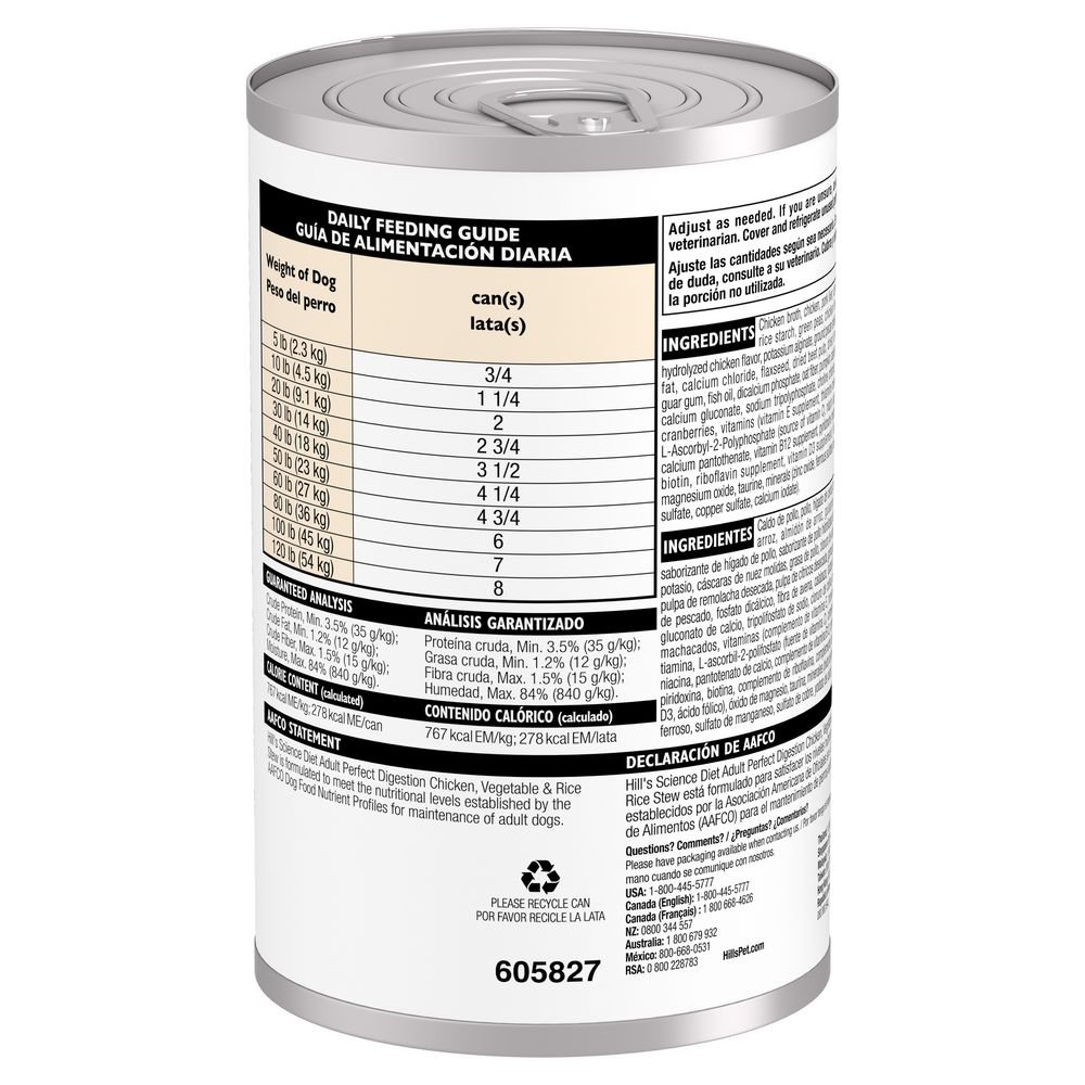 Hill's Science Diet Perfect Digestion Lata Perro Adulto Pollo, Vegetales y Arroz 362 g 2 Hill's Perfect Digestion lata reverso con análisis