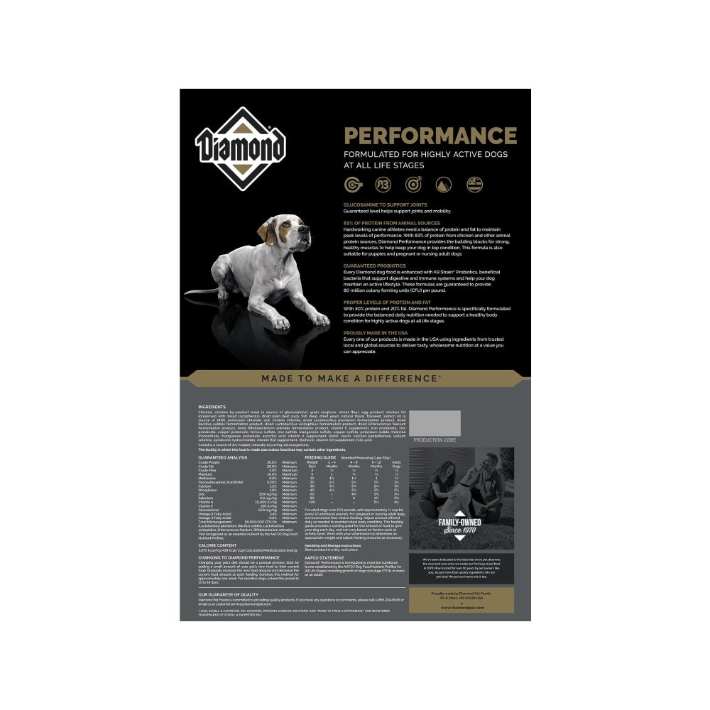 Diamond Performance Alimento para Perro de Alta Energía 40 lb 3 Reverso Diamond Performance con análisis garantizado