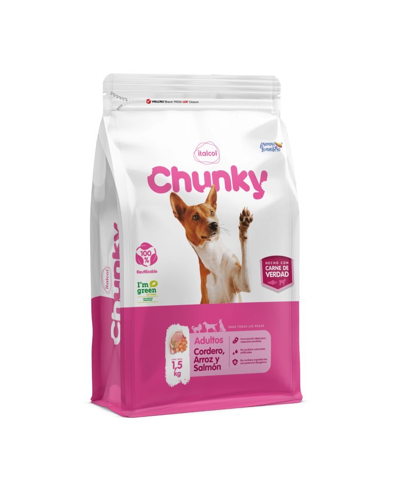 Chunky Cordero, Arroz y Salmón Adulto 1 Chunky Cordero, Arroz y Salmón Adulto, vista frontal del empaque