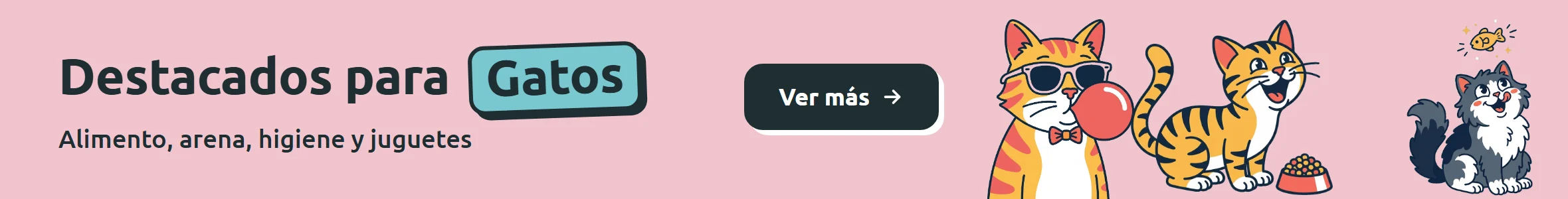 Ilustraciones de un gato con gafas y corbatín, un gato junto a su plato y un gato gris mirando un premio. Destacados para gatos: alimento, arena, higiene y juguetes en Parche Peludo