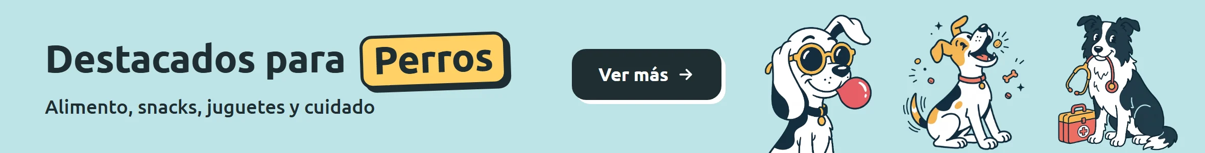 Ilustraciones de un perro con gafas, un perro atrapando un premio y un border collie con un estetoscopio. Destacados para perros: alimento, snacks, juguetes y cuidado en Parche Peludo