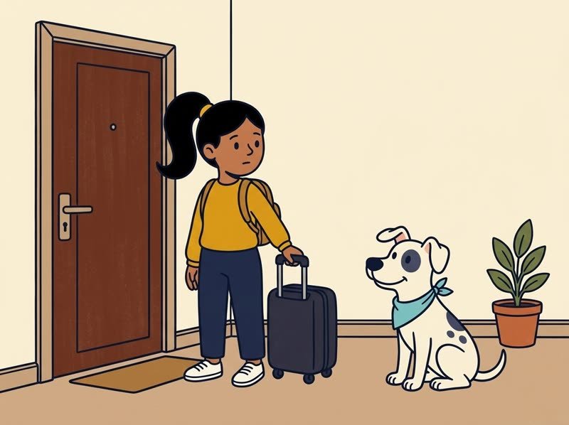 Vale con la maleta en la puerta y Parche mirándola