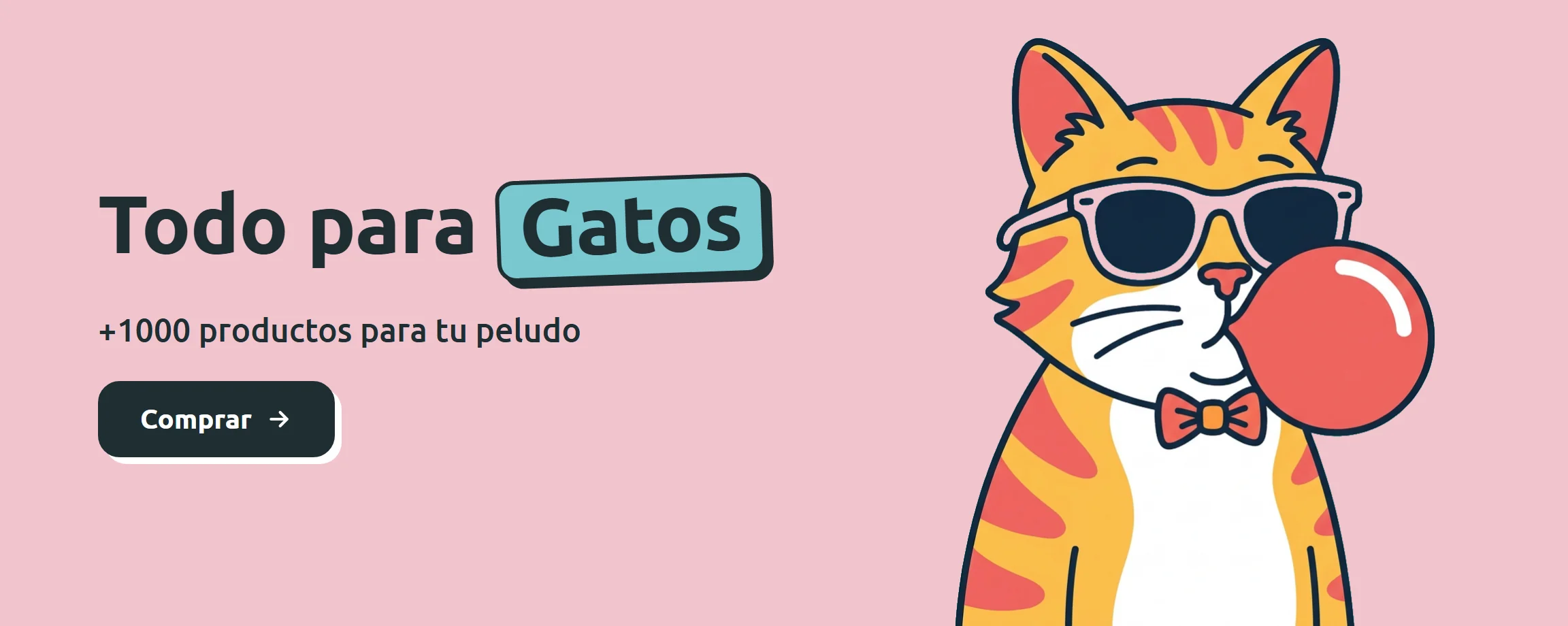 Ilustración de un gato atigrado con gafas de sol y corbatín haciendo una bomba de chicle sobre fondo rosado. Todo para gatos, más de 1000 productos en Parche Peludo