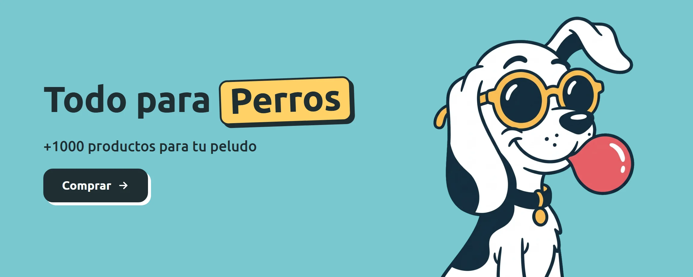 Ilustración de un perro con gafas amarillas haciendo una bomba de chicle sobre fondo turquesa. Todo para perros, más de 1000 productos en Parche Peludo