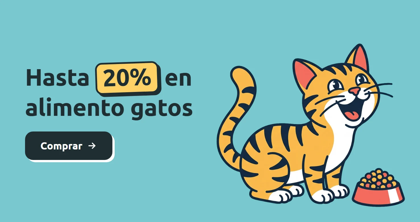 Ilustración de un gato naranja maullando feliz junto a su plato de comida sobre fondo turquesa. Hasta 20% de descuento en alimento para gatos en Parche Peludo