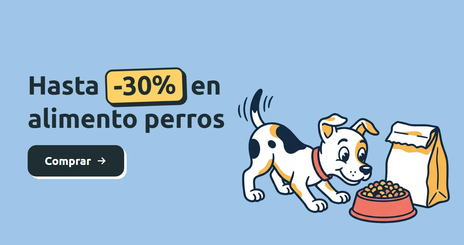 Ilustración de un perro feliz frente a su plato de concentrado sobre fondo celeste. Hasta 30% de descuento en alimento para perros en Parche Peludo