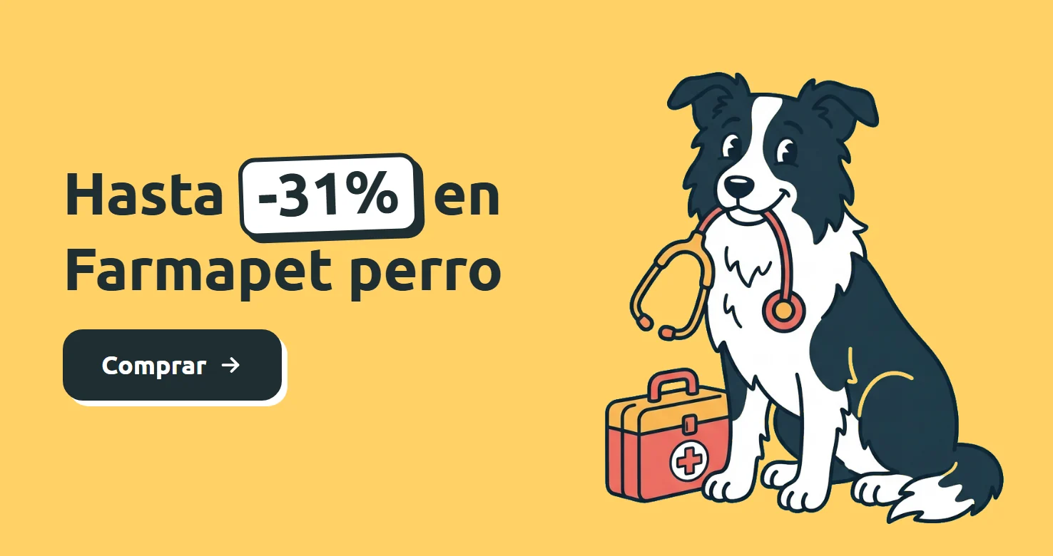Ilustración de un border collie con un estetoscopio en la boca junto a un botiquín sobre fondo amarillo. Hasta 31% de descuento en la marca Farmapet para perros en Parche Peludo
