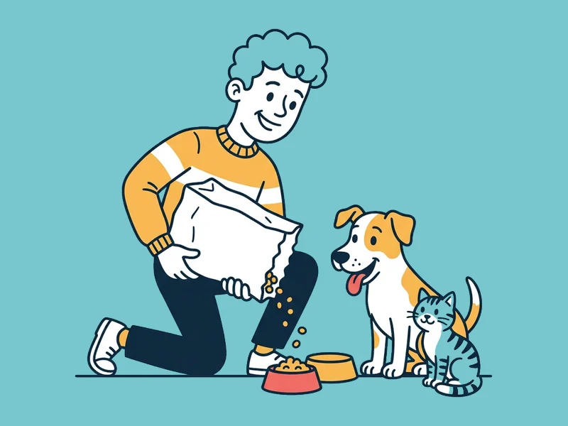 Ilustración de un voluntario sirviendo concentrado a un perro y un gato rescatados