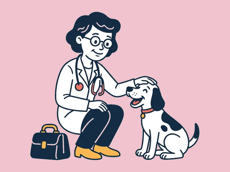 Ilustración de una veterinaria acariciando a un perro junto a su maletín