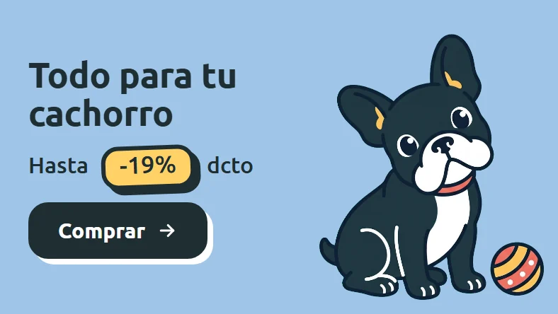 Ilustración de un cachorro bulldog francés negro con la cabeza ladeada junto a una pelota sobre fondo celeste. Todo para tu cachorro con hasta 19% de descuento en Parche Peludo