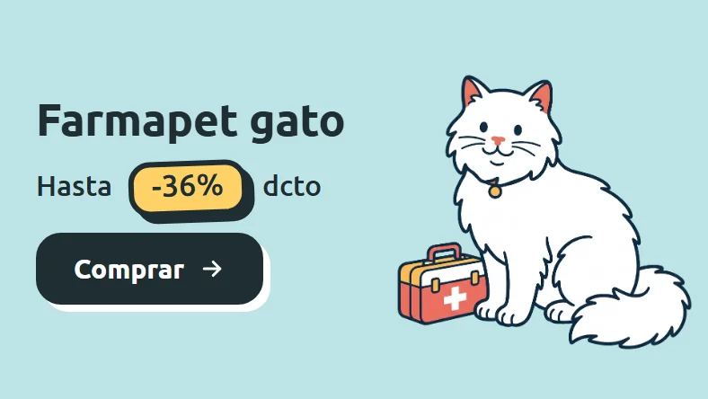 Ilustración de un gato blanco de pelo largo junto a un botiquín sobre fondo turquesa claro. Farmapet para gato con hasta 36% de descuento en Parche Peludo