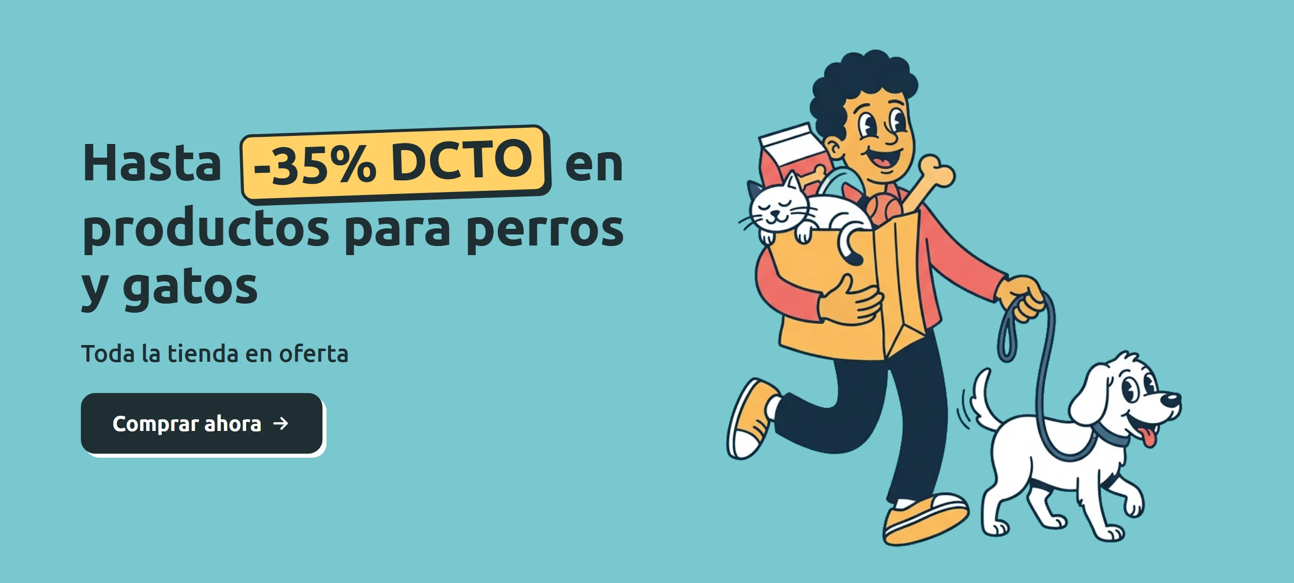 Ilustración de un joven feliz con una bolsa de compras, un gato asomado en la bolsa y su perro al lado. Hasta 35% de descuento en productos para perros y gatos en Parche Peludo