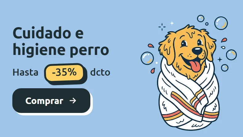 Ilustración de un perro dorado envuelto en una toalla después del baño sobre fondo celeste. Cuidado e higiene para perro con hasta 35% de descuento en Parche Peludo