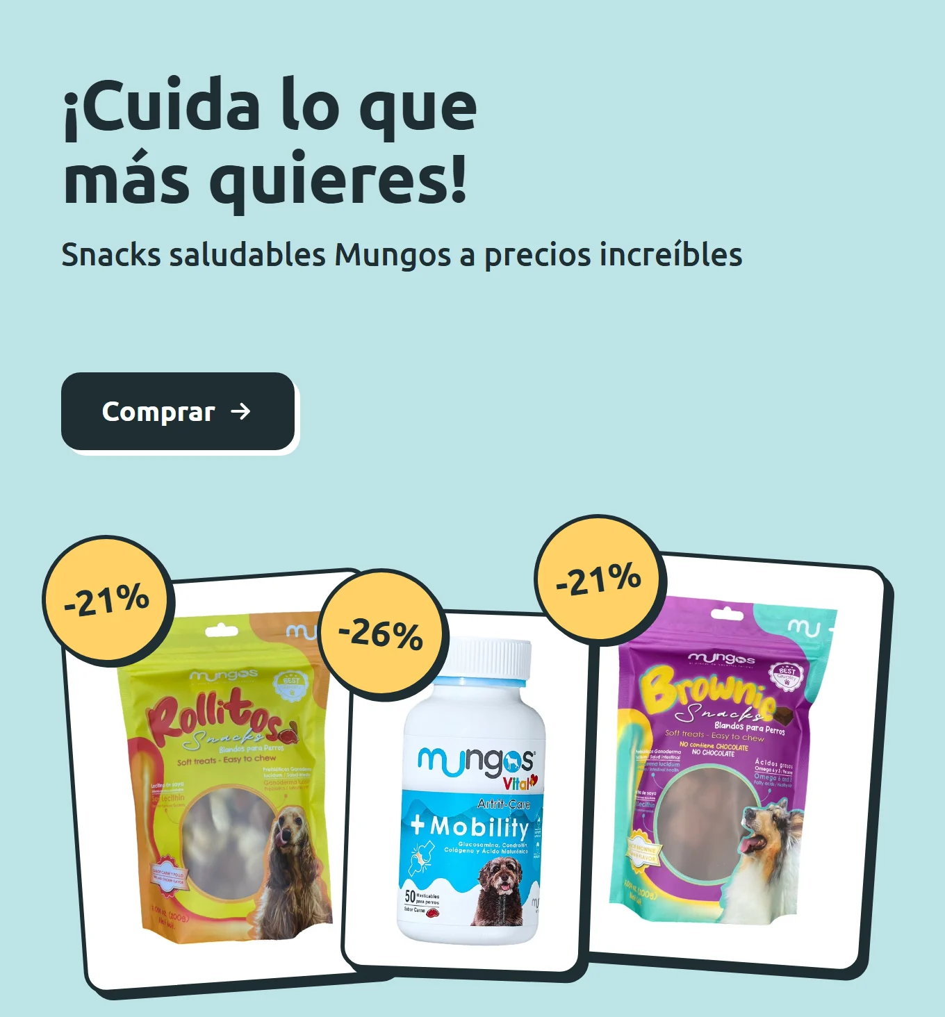 Snacks Rollitos y Brownie y suplemento Mobility de la marca Mungos con descuentos del 21% y 26%. Snacks saludables para perros en Parche Peludo