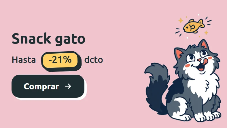 Ilustración de un gato gris relamiéndose frente a un premio en forma de pez sobre fondo rosado. Snacks para gato con hasta 21% de descuento en Parche Peludo