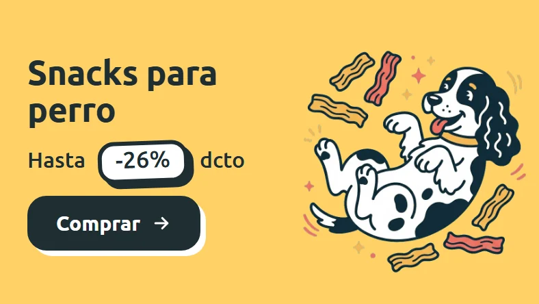 Ilustración de un cocker spaniel feliz panza arriba entre tiras de snack sobre fondo amarillo. Snacks para perro con hasta 26% de descuento en Parche Peludo